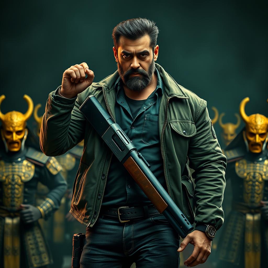 An ultra-realistic, 8k poster depicting an intense dark fantasy scene featuring Salman Khan, who has a thick beard