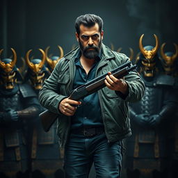 An ultra-realistic, 8k poster depicting an intense dark fantasy scene featuring Salman Khan, who has a thick beard