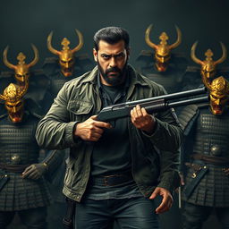 An ultra-realistic, 8k poster depicting an intense dark fantasy scene featuring Salman Khan, who has a thick beard