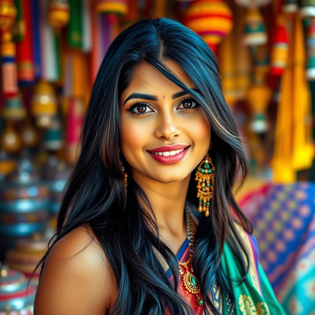 A beautiful portrait of an Indian woman with striking features, long black hair, and traditional Indian attire, slightly revealing yet tasteful, showcasing her confidence and elegance