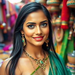 A beautiful portrait of an Indian woman with striking features, long black hair, and traditional Indian attire, slightly revealing yet tasteful, showcasing her confidence and elegance