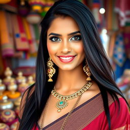 A beautiful portrait of an Indian woman with striking features, long black hair, and traditional Indian attire, slightly revealing yet tasteful, showcasing her confidence and elegance