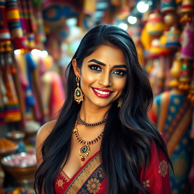 A beautiful portrait of an Indian woman with striking features, long black hair, and traditional Indian attire, slightly revealing yet tasteful, showcasing her confidence and elegance