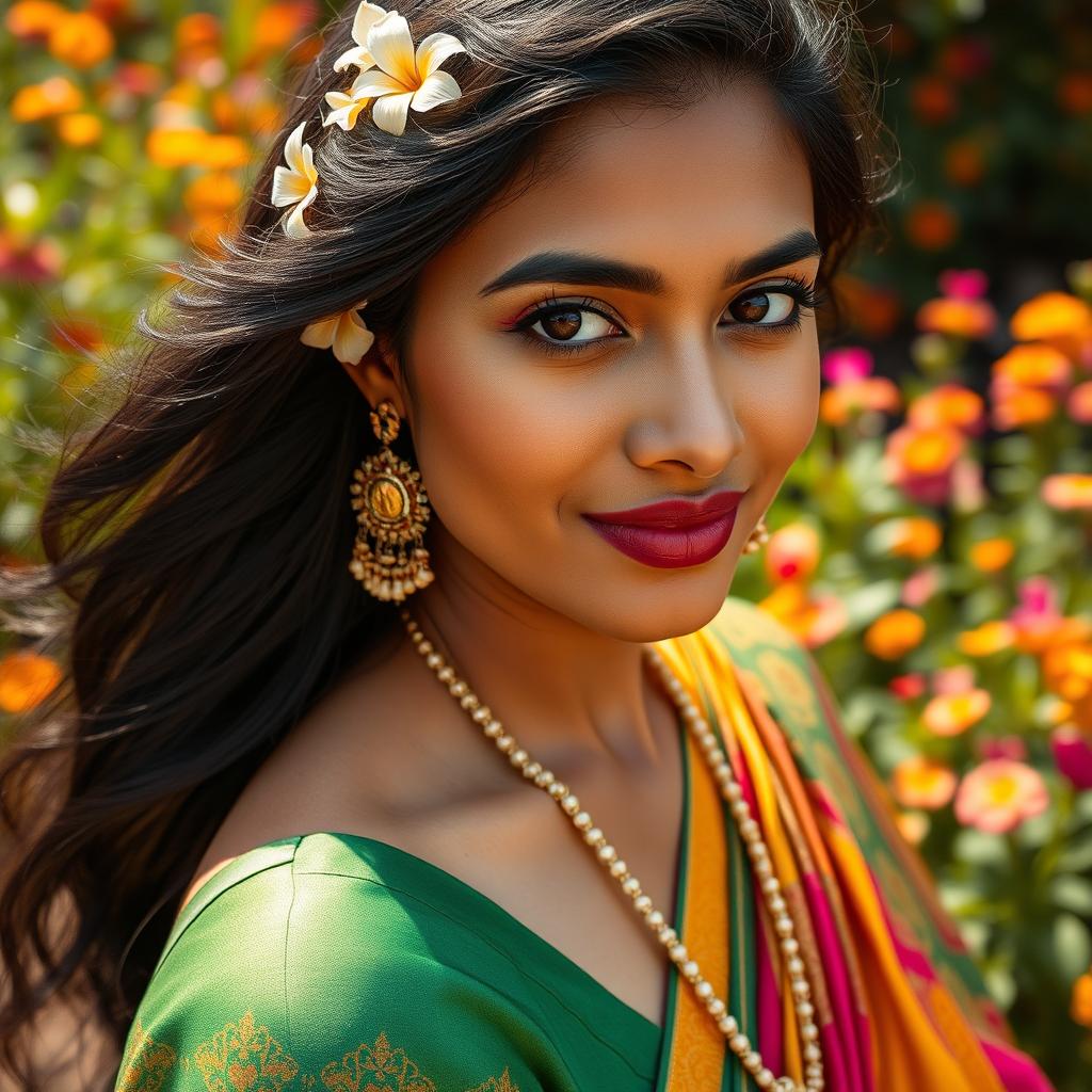 A close-up portrait of an Indian woman, showcasing her beautiful skin tones and cultural adornments