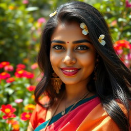 A close-up portrait of an Indian woman, showcasing her beautiful skin tones and cultural adornments