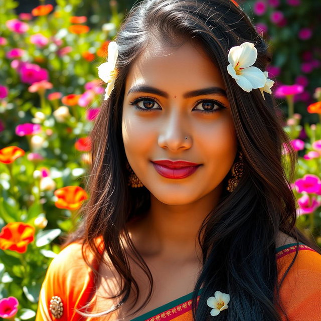 A close-up portrait of an Indian woman, showcasing her beautiful skin tones and cultural adornments