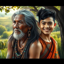 A vivid and artistic representation featuring an Indian elder and a younger individual in a natural setting, embodying themes of wisdom and youth