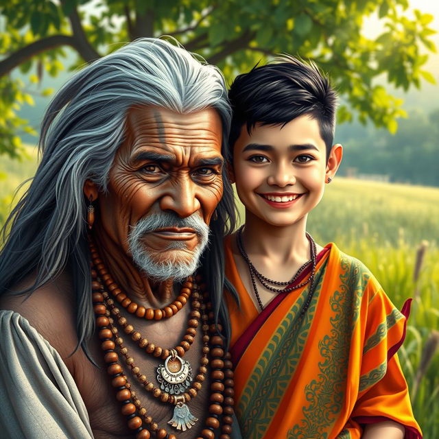 A vivid and artistic representation featuring an Indian elder and a younger individual in a natural setting, embodying themes of wisdom and youth