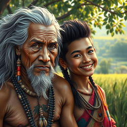 A vivid and artistic representation featuring an Indian elder and a younger individual in a natural setting, embodying themes of wisdom and youth