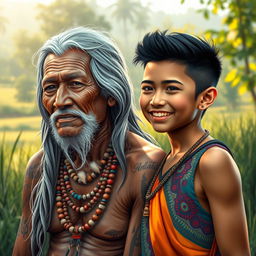 A vivid and artistic representation featuring an Indian elder and a younger individual in a natural setting, embodying themes of wisdom and youth