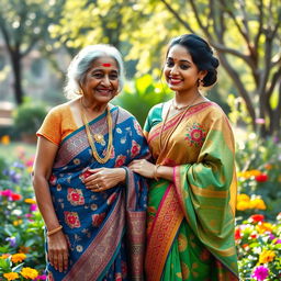 A vibrant scene depicting an old and a young Indian woman dressed in beautiful sarees, showcasing intricate patterns and rich colors