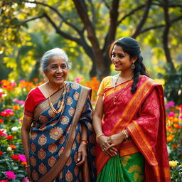 A vibrant scene depicting an old and a young Indian woman dressed in beautiful sarees, showcasing intricate patterns and rich colors