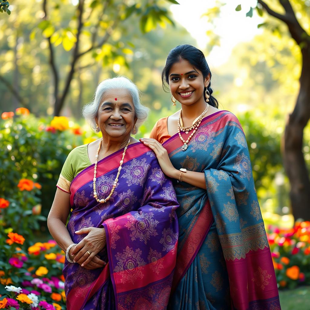 A vibrant scene depicting an old and a young Indian woman dressed in beautiful sarees, showcasing intricate patterns and rich colors