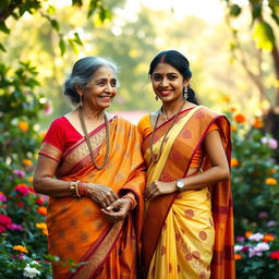 A vibrant scene depicting an old and a young Indian woman dressed in beautiful sarees, showcasing intricate patterns and rich colors