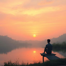 A serene landscape depicting a peaceful sunset over a calm lake surrounded by lush greenery