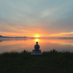 A serene landscape depicting a peaceful sunset over a calm lake surrounded by lush greenery