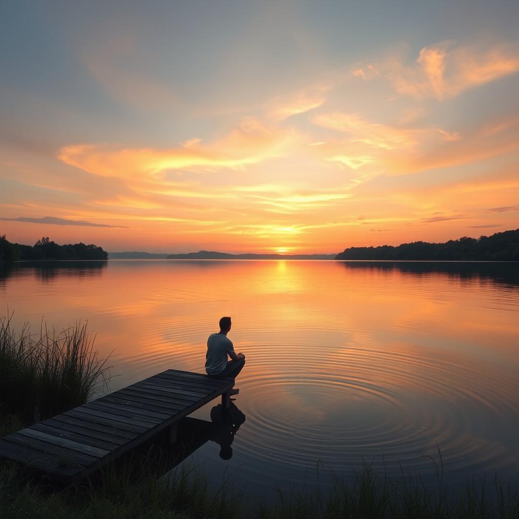 A serene landscape depicting a peaceful sunset over a calm lake surrounded by lush greenery