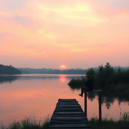 A serene landscape depicting a peaceful sunset over a calm lake surrounded by lush greenery