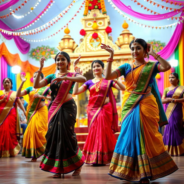 A vibrant and colorful celebration of Indian culture, featuring traditional Indian female dancers in beautiful saris