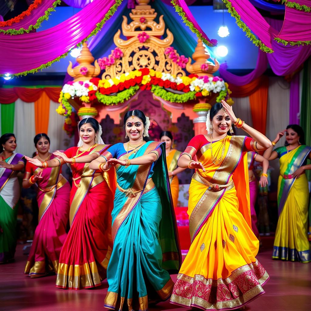 A vibrant and colorful celebration of Indian culture, featuring traditional Indian female dancers in beautiful saris