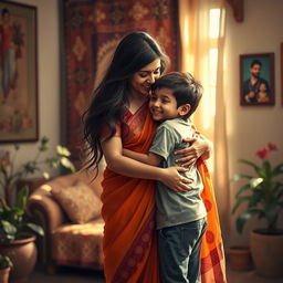 A tastefully artistic representation of a mother and son in a nurturing embrace, set in a warm, cozy Indian home adorned with traditional decorations