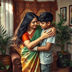 A tastefully artistic representation of a mother and son in a nurturing embrace, set in a warm, cozy Indian home adorned with traditional decorations