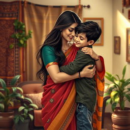 A tastefully artistic representation of a mother and son in a nurturing embrace, set in a warm, cozy Indian home adorned with traditional decorations