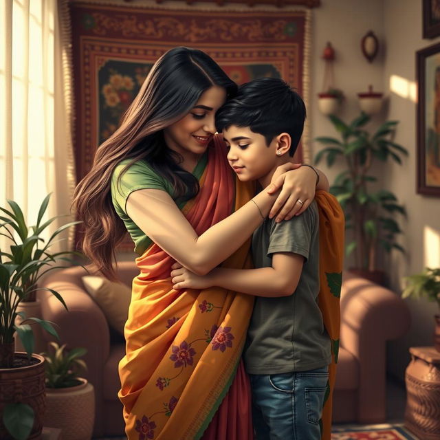 A tastefully artistic representation of a mother and son in a nurturing embrace, set in a warm, cozy Indian home adorned with traditional decorations