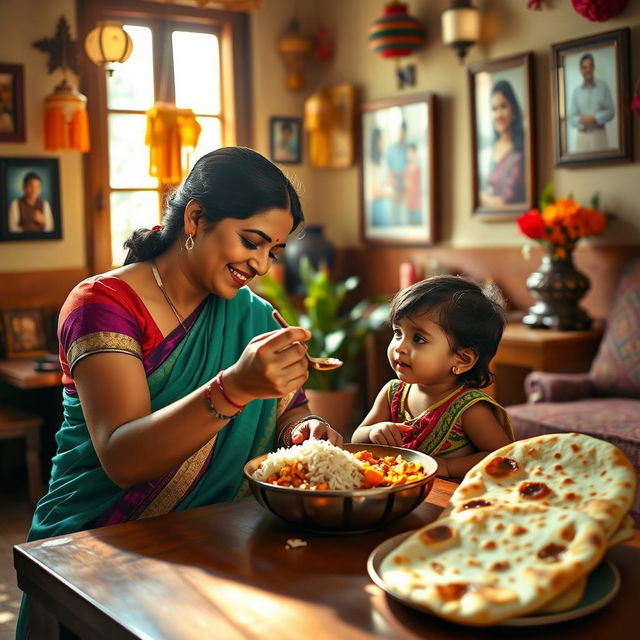 A warm, inviting scene of an Indian mother lovingly feeding her child in a cozy home setting