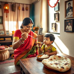 A warm, inviting scene of an Indian mother lovingly feeding her child in a cozy home setting
