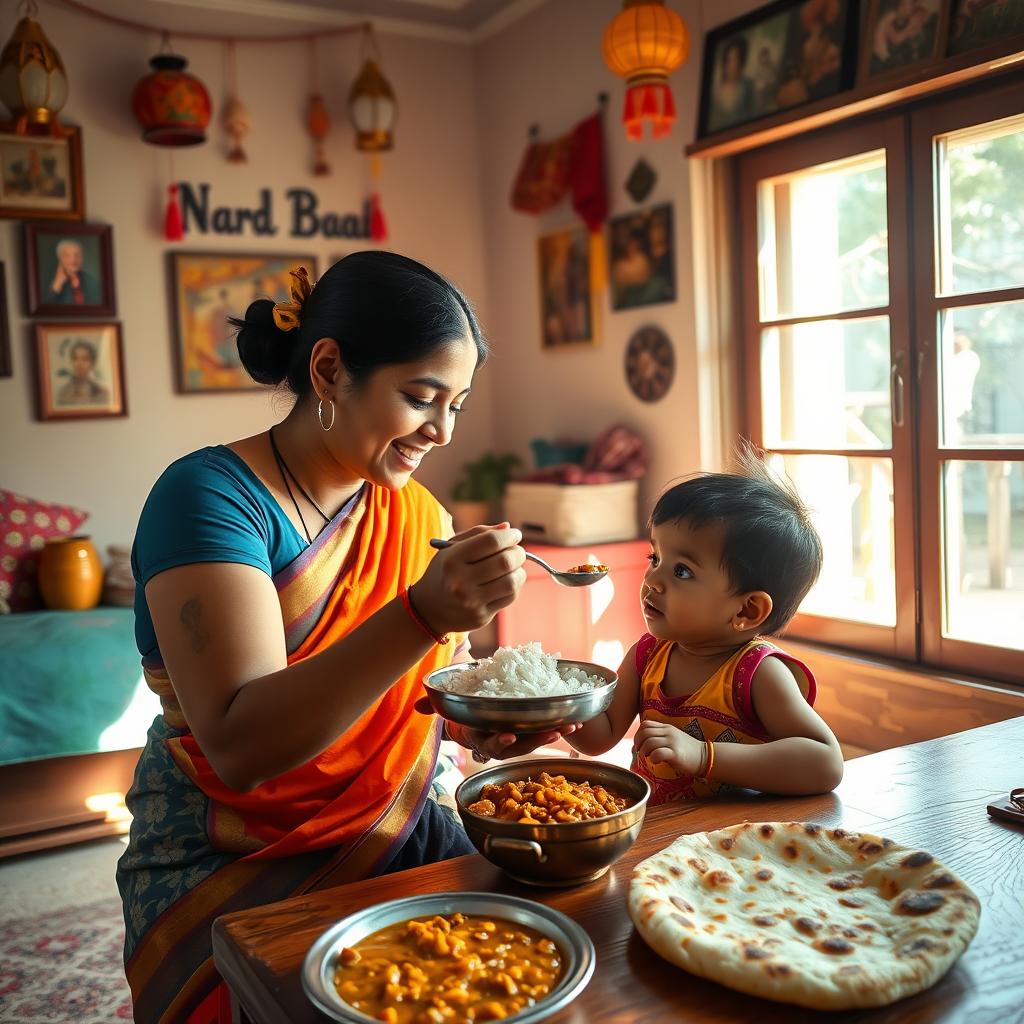 A warm, inviting scene of an Indian mother lovingly feeding her child in a cozy home setting