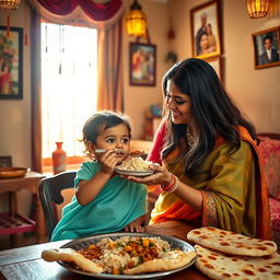A warm, inviting scene of an Indian mother lovingly feeding her child in a cozy home setting
