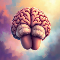 A surreal and imaginative illustration of a human brain with cozy slippers placed inside it