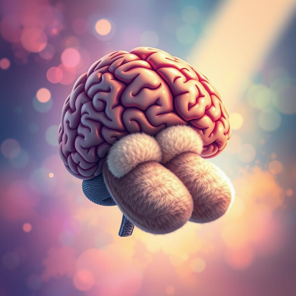 A surreal and imaginative illustration of a human brain with cozy slippers placed inside it