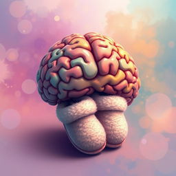 A surreal and imaginative illustration of a human brain with cozy slippers placed inside it
