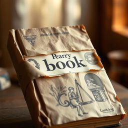 A book wrapped in rustic brown paper, featuring a prominently torn piece in the middle of the cover, revealing the title and intricate illustrations beneath