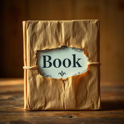 A book wrapped in rustic brown paper, featuring a prominently torn piece in the middle of the cover, revealing the title and intricate illustrations beneath