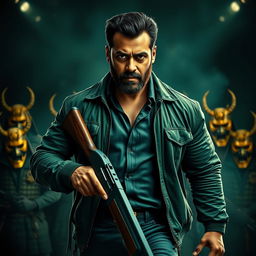 An ultra-realistic 8k dark fantasy action-packed movie poster featuring Salman Khan with a beard, holding a shotgun