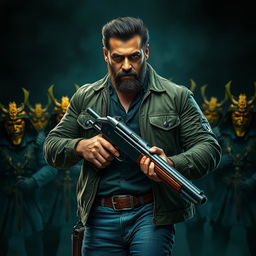 An ultra-realistic 8k dark fantasy action-packed movie poster featuring Salman Khan with a beard, holding a shotgun
