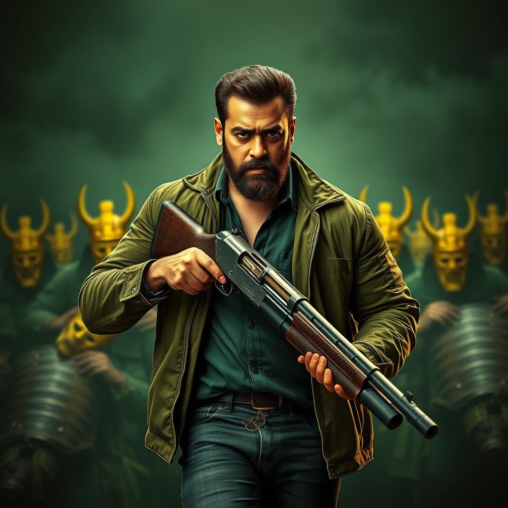 An ultra-realistic 8k dark fantasy action-packed movie poster featuring Salman Khan with a beard, holding a shotgun