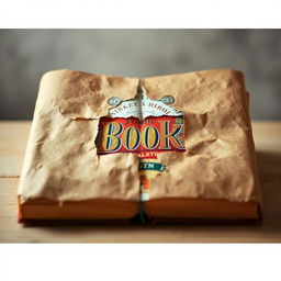 A book elegantly wrapped in rustic brown paper, featuring a significant torn piece in the center that reveals the cover design underneath