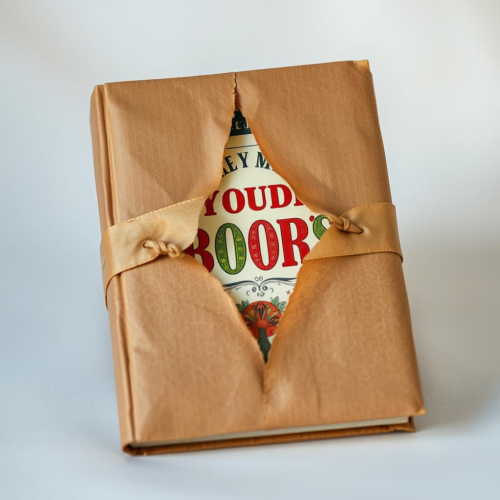 A book elegantly wrapped in rustic brown paper, featuring a significant torn piece in the center that reveals the cover design underneath