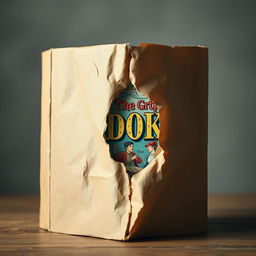 A book elegantly wrapped in rustic brown paper, featuring a significant torn piece in the center that reveals the cover design underneath