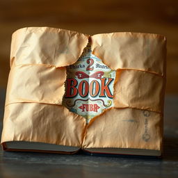 A book elegantly wrapped in rustic brown paper, featuring a significant torn piece in the center that reveals the cover design underneath