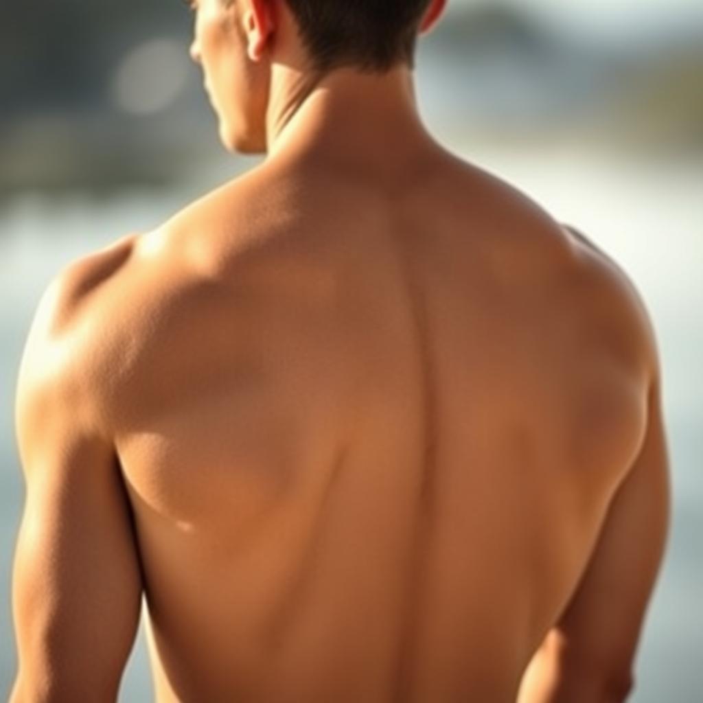A artistic and elegant portrayal of a man's bare back, showcasing strong and defined muscles