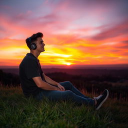 A young man sitting on a grassy hill, listening to music with headphones, while gazing at a stunning sunset