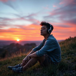 A young man sitting on a grassy hill, listening to music with headphones, while gazing at a stunning sunset