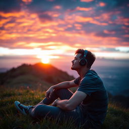 A young man sitting on a grassy hill, listening to music with headphones, while gazing at a stunning sunset