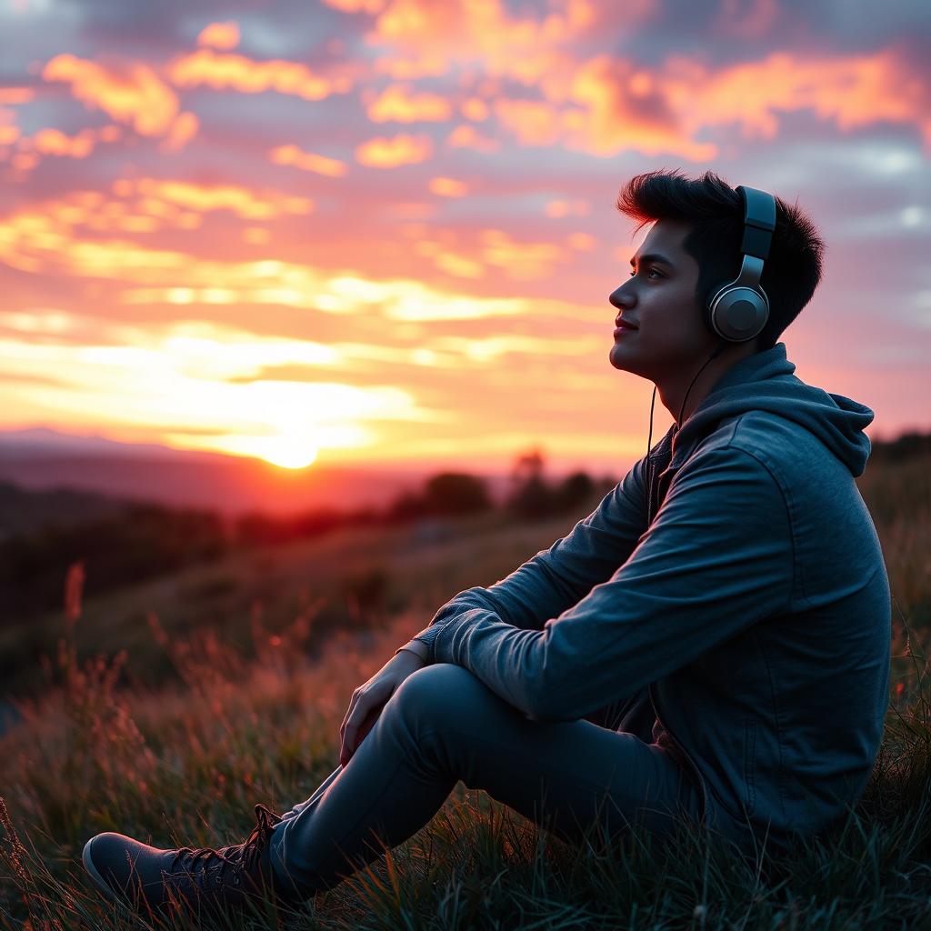 A young man sitting on a grassy hill, listening to music with headphones, while gazing at a stunning sunset