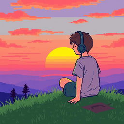 A pixel art scene featuring a boy sitting on a grassy hill, listening to music through headphones